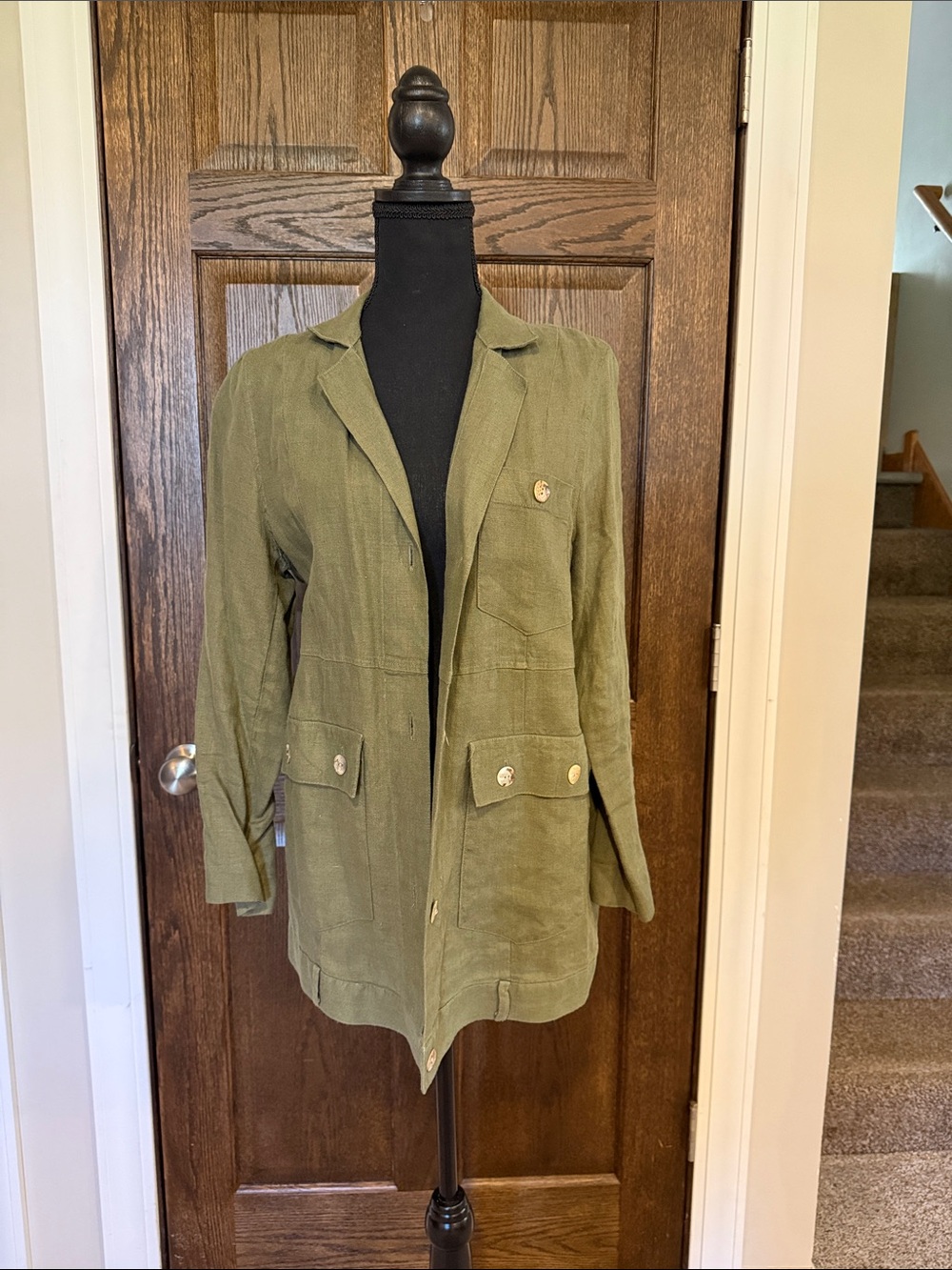 100% Linen Olive Green Women's Utility Jacket Blazer Medium